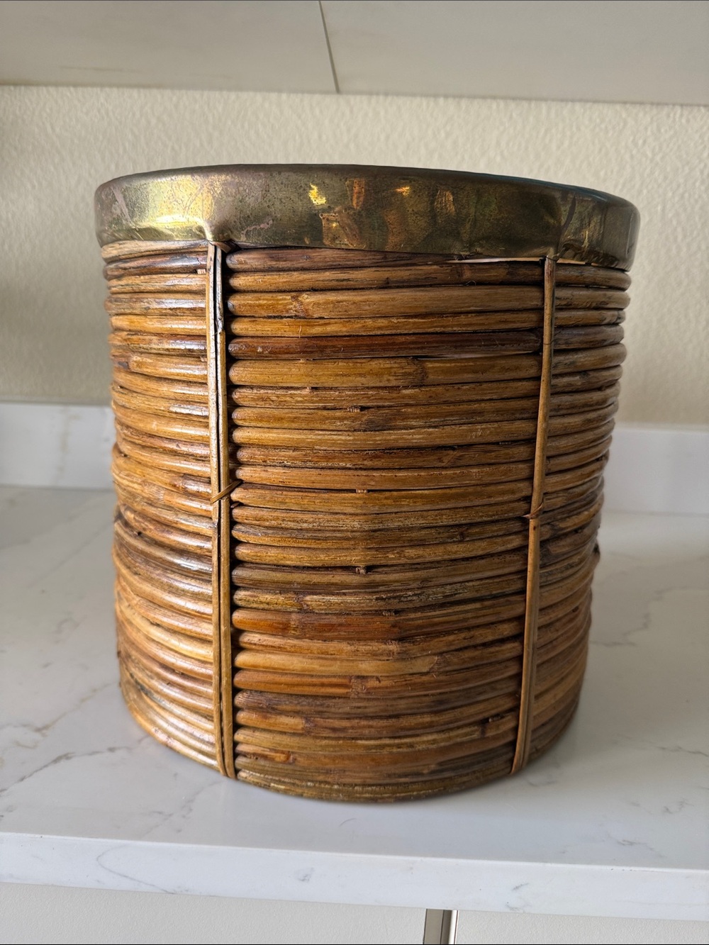 Vintage Pencil Reed Bamboo Basket with Brass Rim Large - Picture 6 of 6